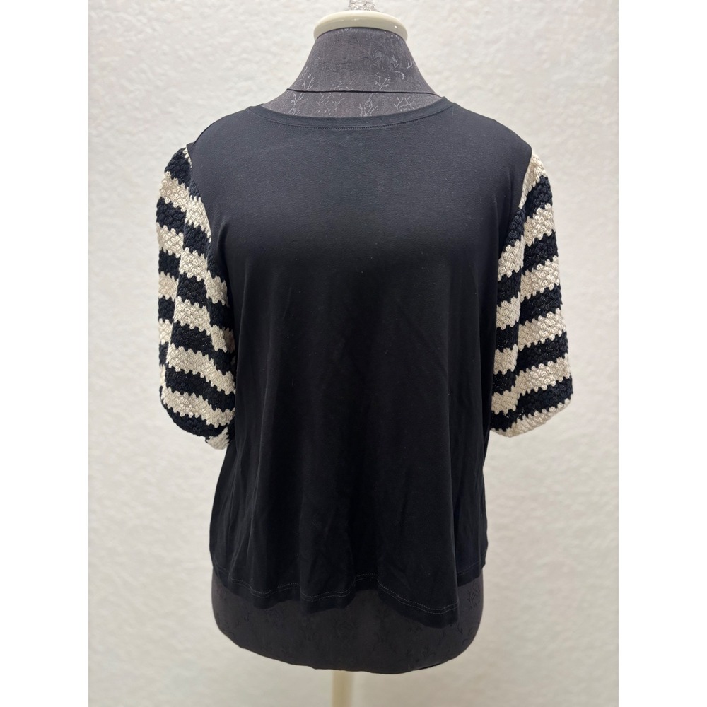 Marfinno Black Crochet Stripe Puff Sleeve Top Viscose Blend Size‎ M